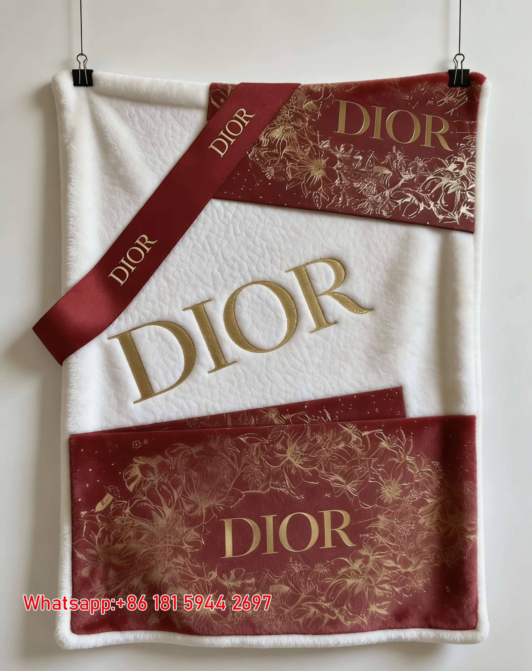 Dior Red Gold Floral Print Flannel Sofa Throw Blanket D220